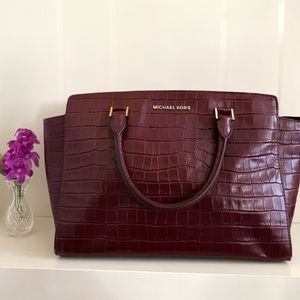 Michael Kors Burgundy Crocodile Embossed Leather Bag